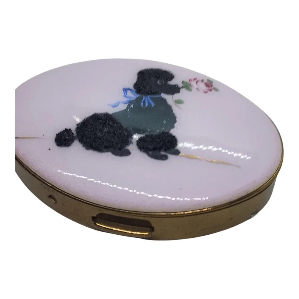 Vintage Flair Fifth Avenue Pink Poodle Powder Compact Flocked Vanity Mirror RARE